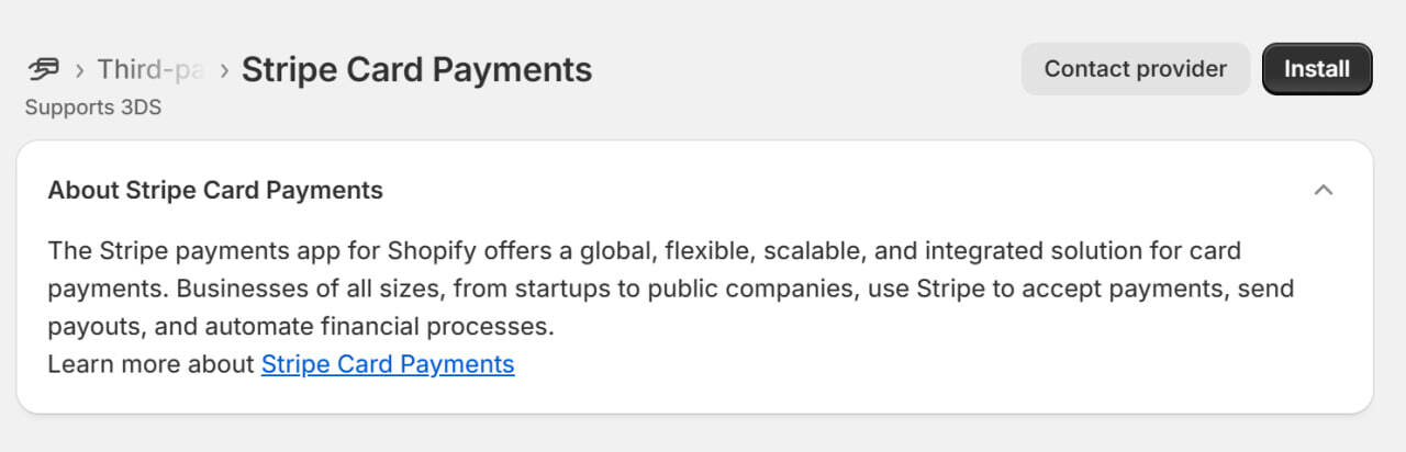 Страница интеграции Stripe с Shopify