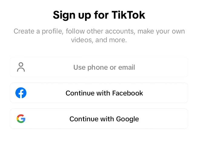 Экран регистрации TikTok